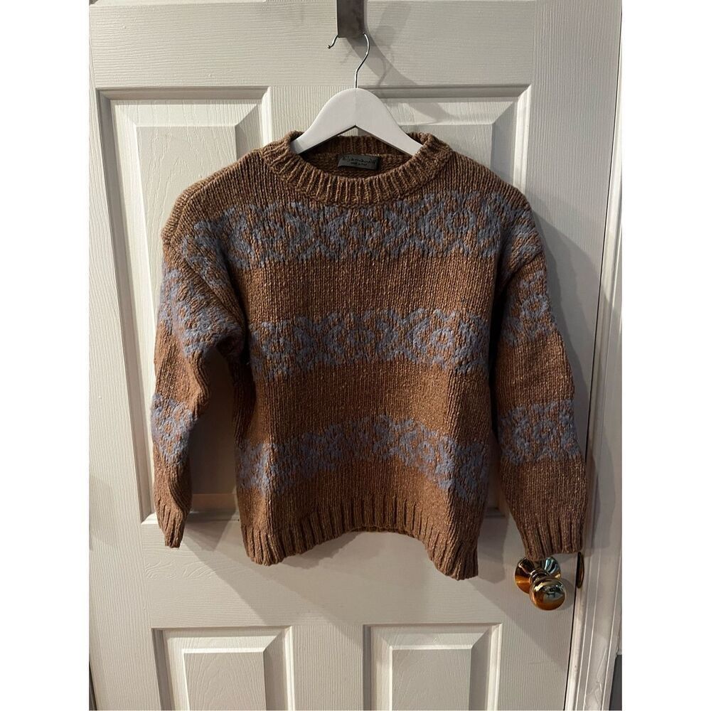 Elsamanda Italy Wool Blend Tan & Blue Crew Neck Sweater sz S EUC